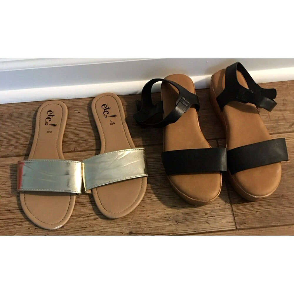 Lot of 2 Bamboo Black Sandals rue21 etc Gold Strap Women Sandals Size 9,  8/9